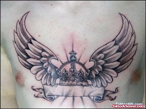 Grey Ink Torn Wings With Banner Tattoo On Man Chest