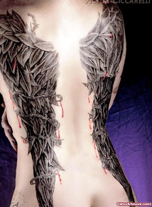 Grey Ink Angel Tattoo On Girl Back Body