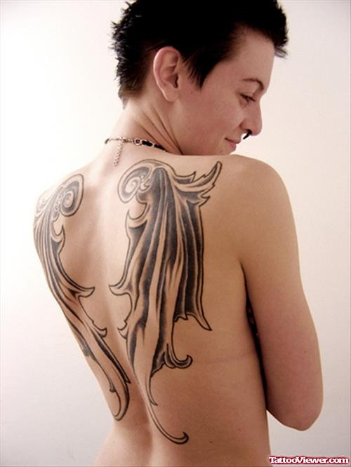 Awesome Grey Ink Wings Tattoos On Back