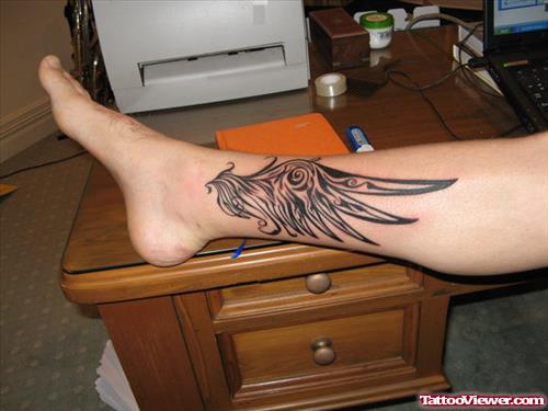 Awesome Grey Ink angel Wing Tatoo On Leg