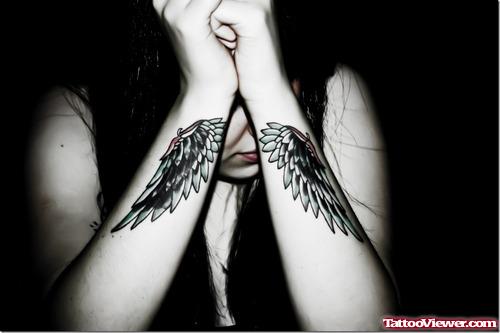 Grey Ink Wings Tattoos On Sleeve For Girls