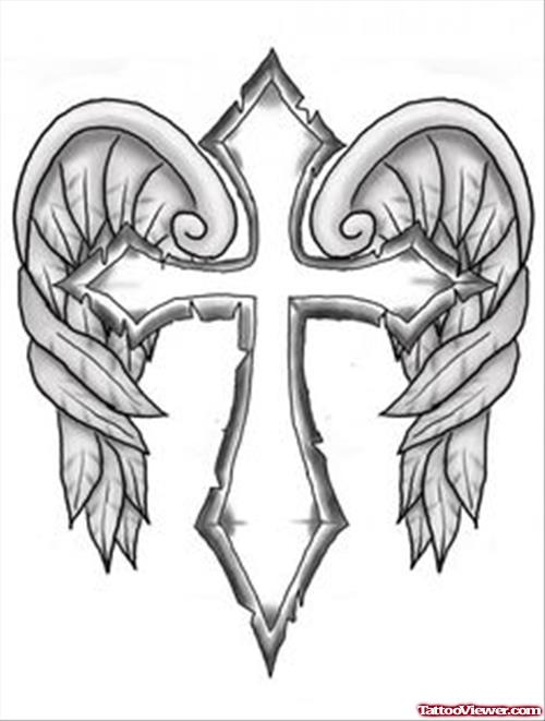 Grey ink Cross And Wings Tattoo Design