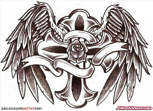 Grey Ink Cross And Angel Wings Tattoos Designs