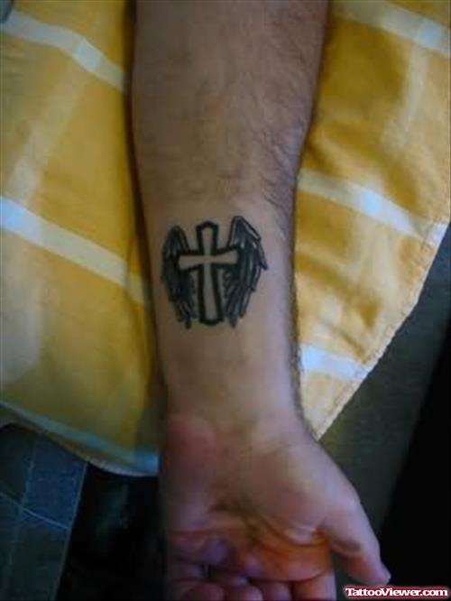 Cross And Small Wings Tattoo