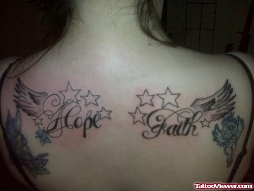 Winged Hope Faith Tattoos On Back