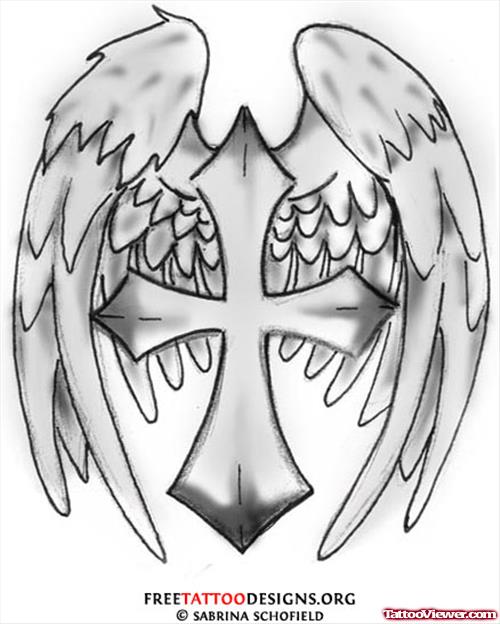 Latest Grey ink Cross And Wings Tattoo Design