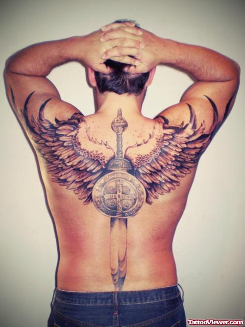 Grey Ink Winged Dagger Tattoo On Back