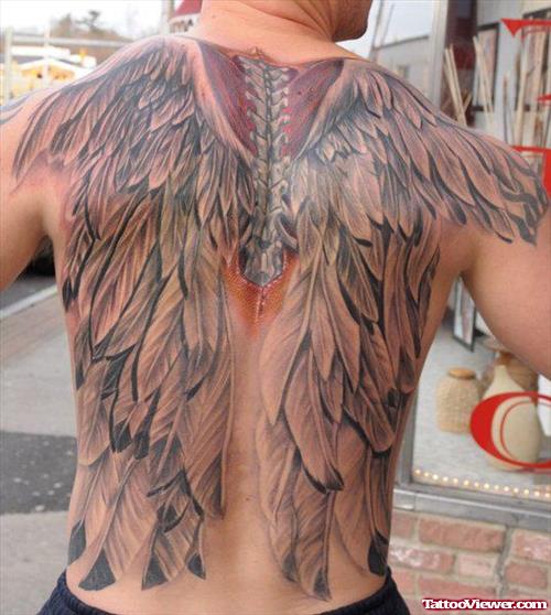 Grey Ink Feathers Angel Wings Tattoo On Back