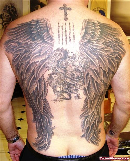 Cross And Angel Wings Tattoos On Back For Men