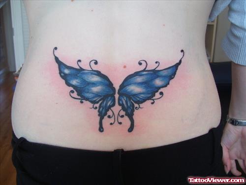 Blue Ink Wings Tattoos On Lowerback