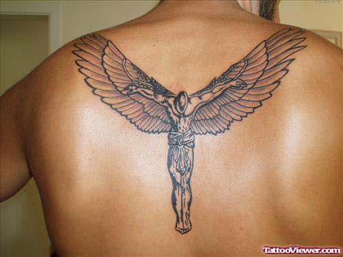 Amazing Grey Ink Angel Tattoo On Back