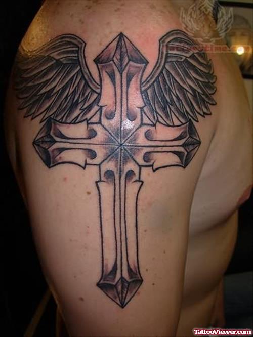 Angel Wing Cross Tattoo On Bicep