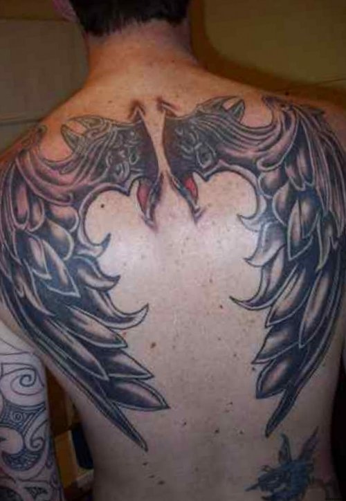 Wonderful Grey Ink Wings Tattoos On Back Body