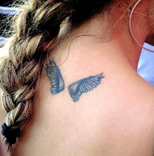 Grey Ink wings Tattoos On Girl Back