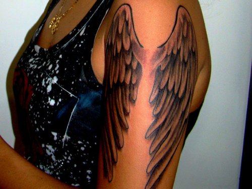 Grey Ink Wings Tattoos On Left Half Sleeve