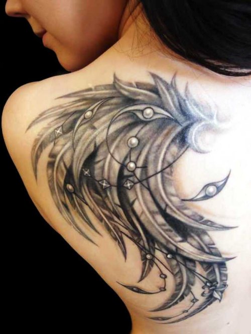 Amazing Grey Ink Angel Wings Tattoos On Girl Back