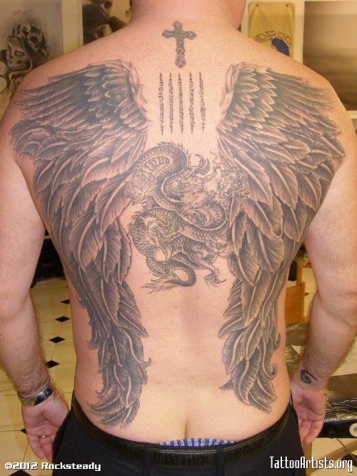 Grey Ink Large Angel Wings Tattoos On Back
