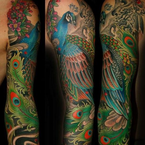 Colored Peacock Feathers Wings Tattoo On Sleeve