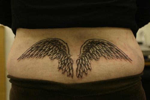 Amazing Grey Ink Angel Wings Tattoos On Lowerback