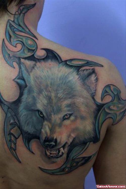 Tribal And Wolf Head Tattoo On Right Back Shoulder