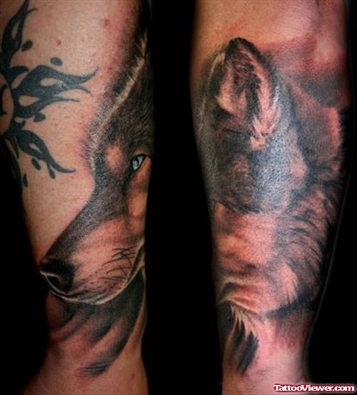 Grey Ink Wolf Tattoos On Sleeve
