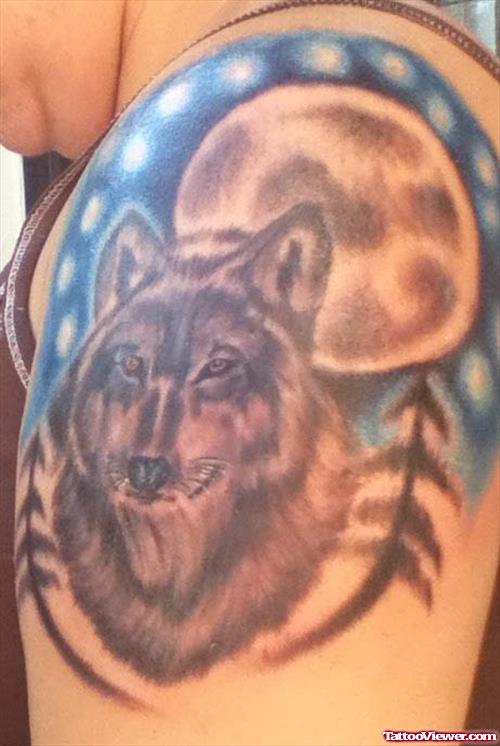 Grey Ink Moon and Wolf Tattoo On Man Left Shoulder