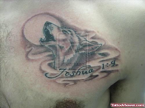Fine Grey Ink Wolf Head Tattoo On Man chest