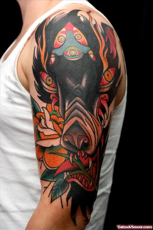 Colored Wolf Tattoo On Man Left Half Sleeve