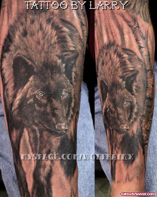 Black Ink Wolf Tattoo On Sleeve