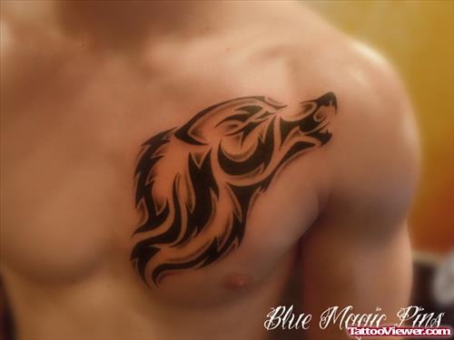 Amazing Grey Ink Wolf Head Tattoo On Chest
