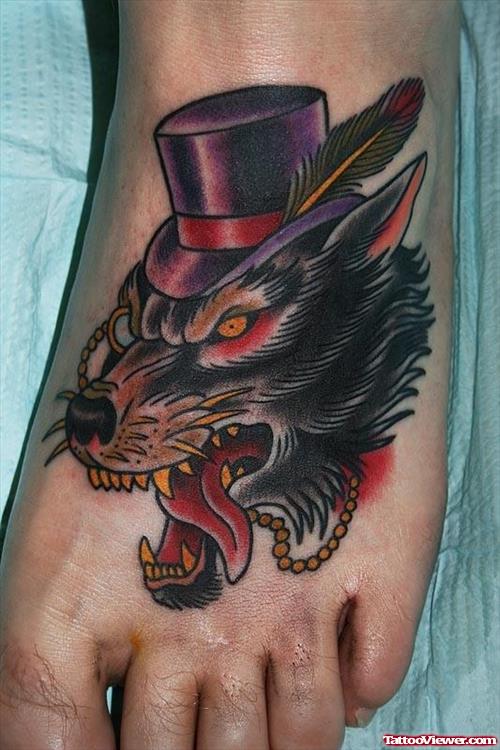 Wolf Head with Hat Tattoo On Left Foot