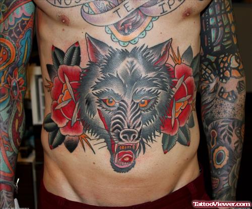 Red Flowers and Wolf Head Tattoo On Belly