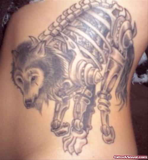 Grey Ink Wolf Skeleton Tattoo On Side