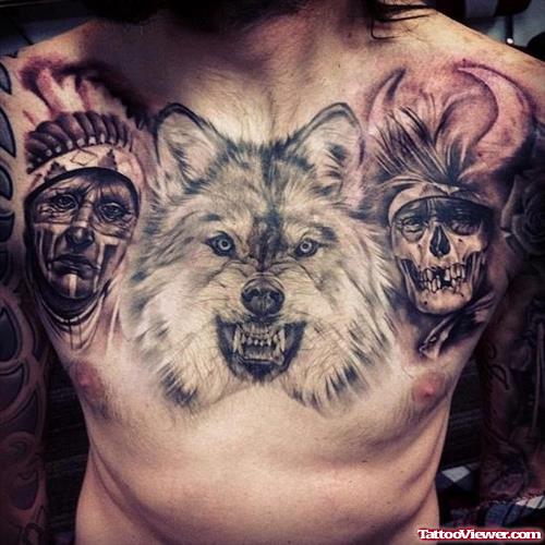 Grey Ink Native Amricans And Wolf Tattoo On Chest