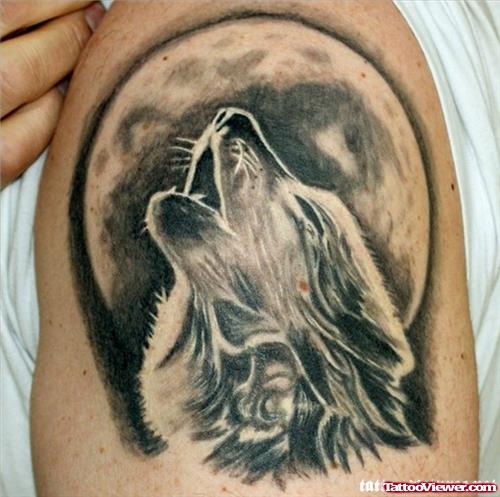 Grey Ink Moon And Wolf Head On Left Half Sleeve