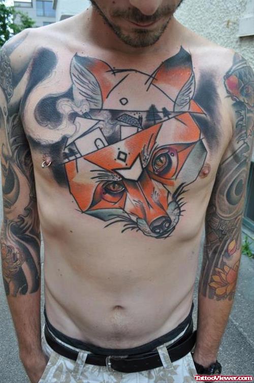 Color Ink Abstract Wolf Tattoo On Man Chest