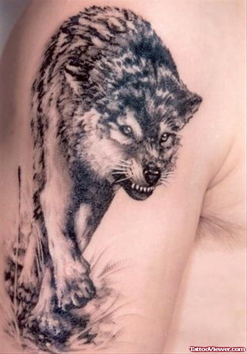 Classic Grey Ink Wolf Tattoo On Right Half Sleeve