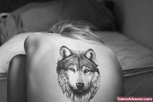 Awesome Grey Ink Wolf Head Tattoo On Back