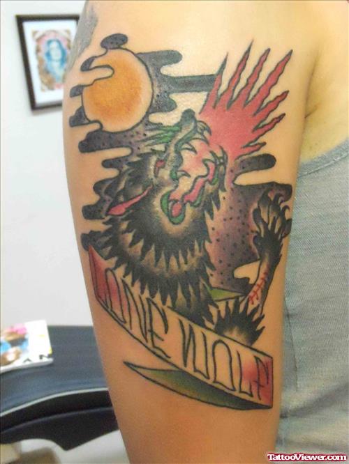 Awesome Colored Wolf Tattoo On Right Half Sleeve