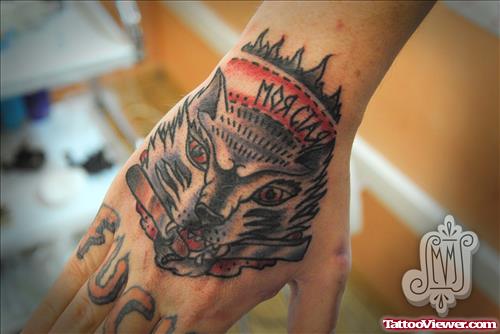 Grey Ink Wolf Tattoo On Right Hand