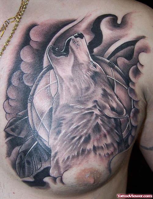Roaring Wolf Head Tattoo On Man Chest