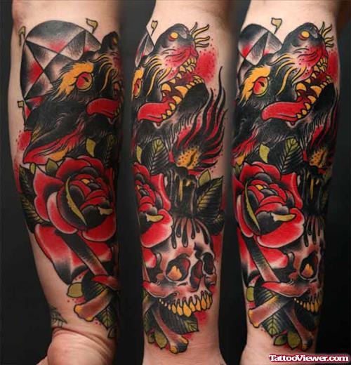 Red Rose Flowers and Traditional Wolf Tattoo