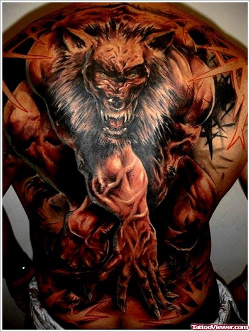 Latest Grey Ink Wolf Tattoo On Back Body