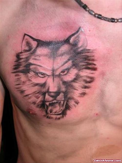 Grey Ink Wolf Head Tattoo On Man Chest