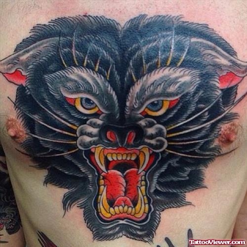 Grey Ink Traditional Wolf Head Tattoo On Chest