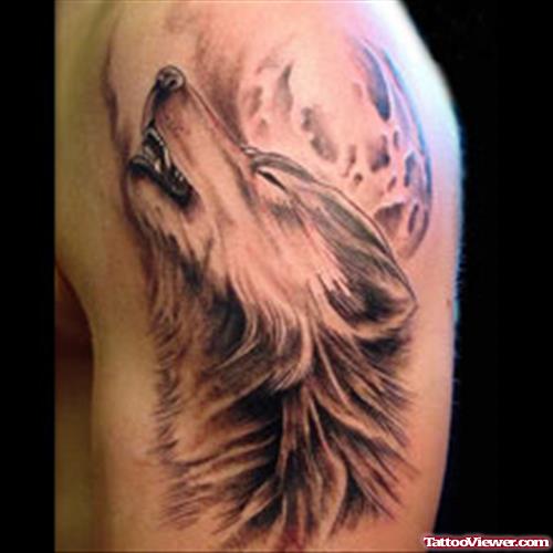Grey Ink Moon And Wolf Head Tattoo On Left Shoulder