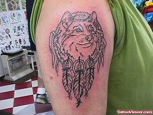 Feathers And Wolf Tattoo On Right Half Sleeve
