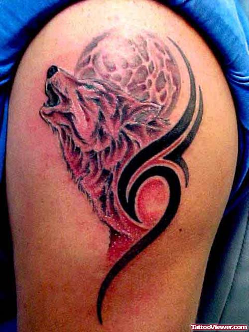 Awesome Black Tribal Wolf Head Tattoo On Shoulder