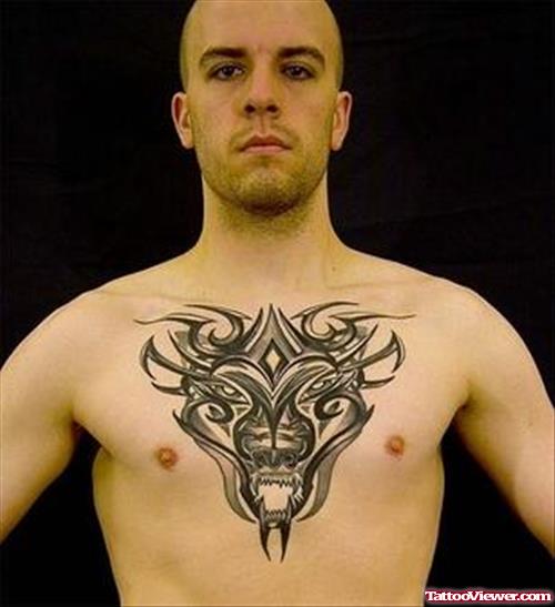 Amazing Tribal Wolf Head Tattoo On Chest