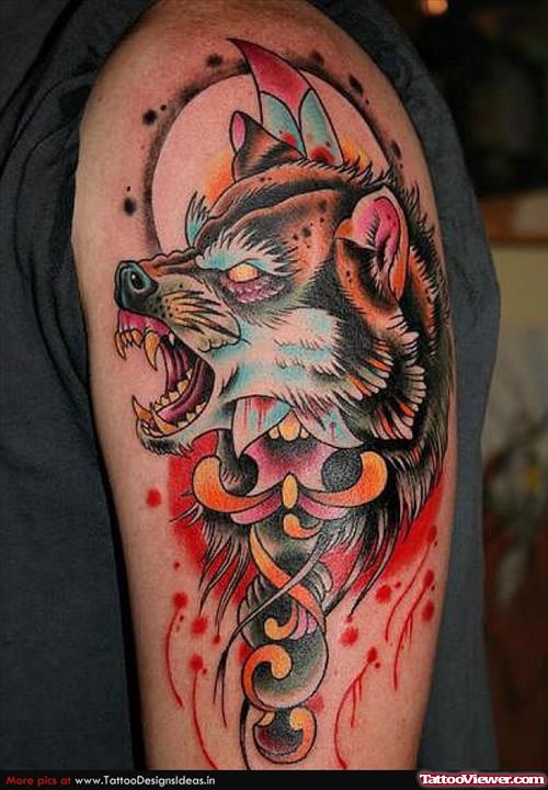 Amazing Colored Wolf Tattoo On Left Half Sleeve